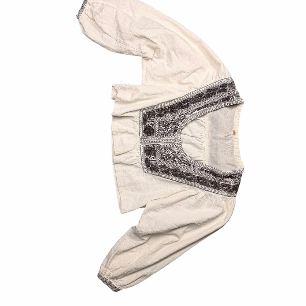 Free People Cream Blouse with  Floral Black Embroidery - Picture 2 of 9